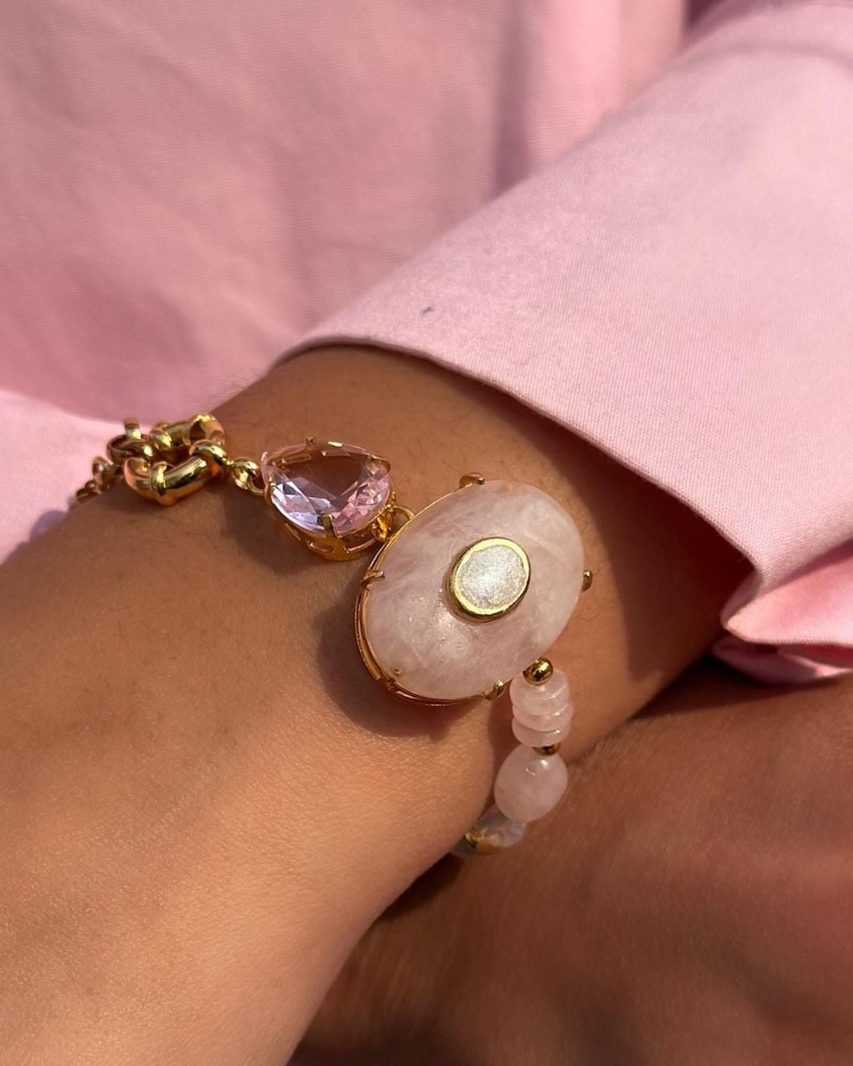 Pulseira Celine Pedra Natural Quartzo Rosa