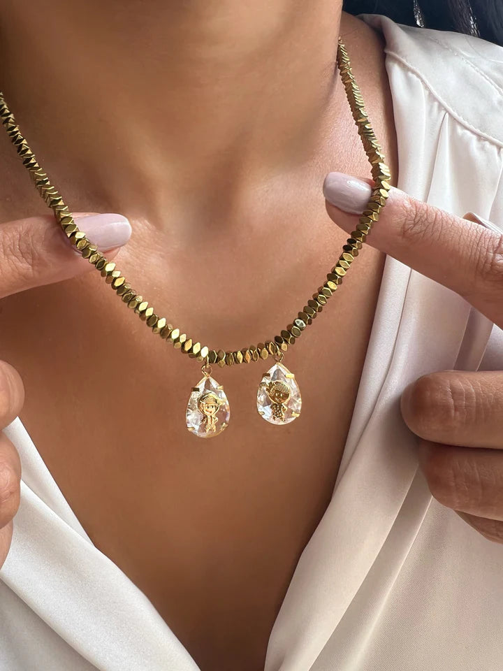Pré-Venda: Colar Hematita Ouro Pin Cristal com 2 Pingentes