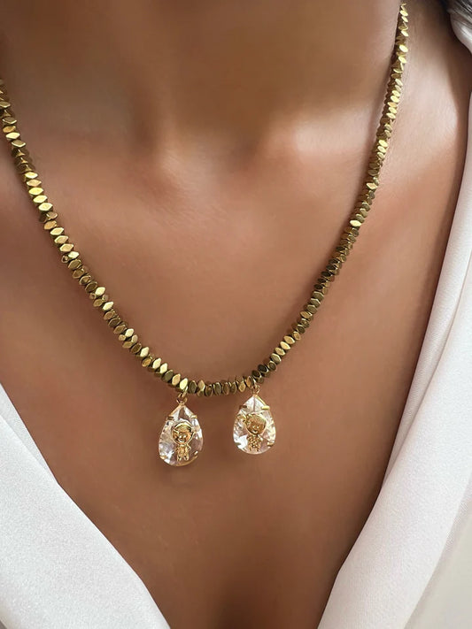 Pré-Venda: Colar Hematita Ouro Pin Cristal com 2 Pingentes