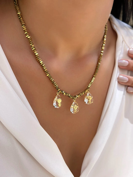 Pré-Venda: Colar Hematita Ouro Pin Cristal com 3 Pingentes
