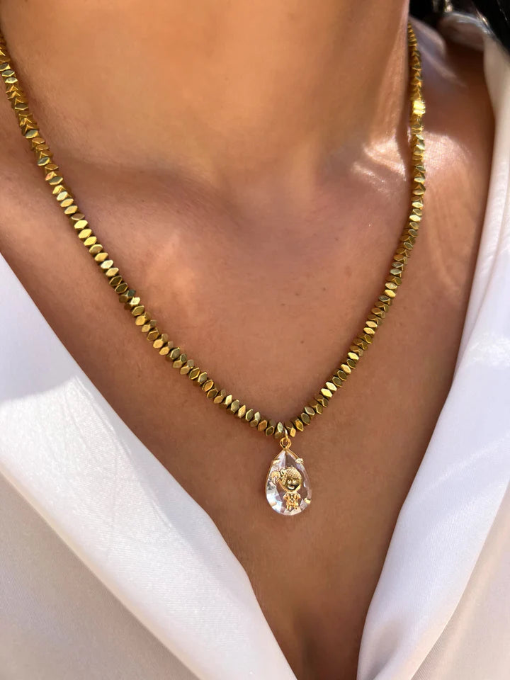 Pré-Venda: Colar Hematita Ouro Pin Cristal com 1 Pingente
