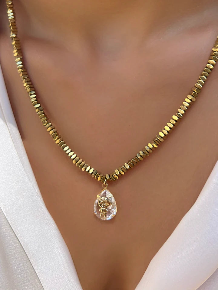 Pré-Venda: Colar Hematita Ouro Pin Cristal com 1 Pingente